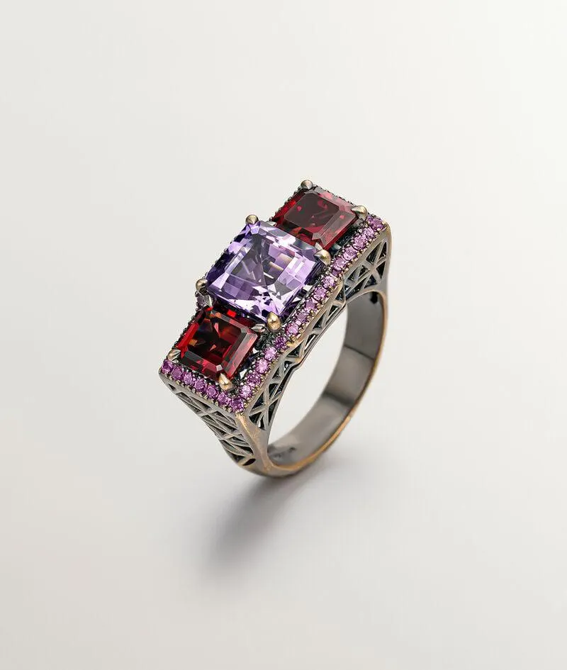 Anillo de plata 925 con amatista morada, granates y rodolitas moradas
