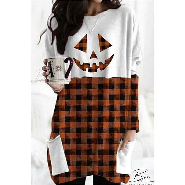 Mujer Camiseta camisa de halloween Rosa Naranja Plaid Calabaza Bolsillo Estampado Manga Larga Víspera de Todos los Santos Casual Diario Básico Escote Redondo Ajuste regular Pintura Otoño invierno