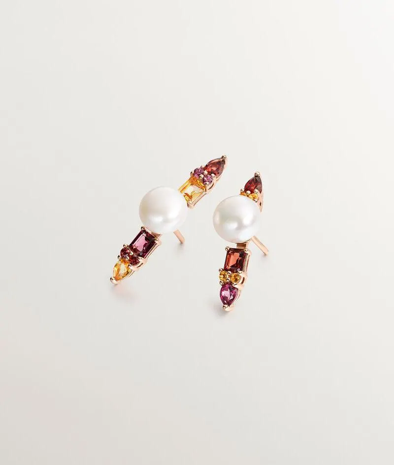 Pendientes de plata 925 bañada en oro rosa de 18K con perlas, rodolitas moradas, granates y cuarzos citrinos