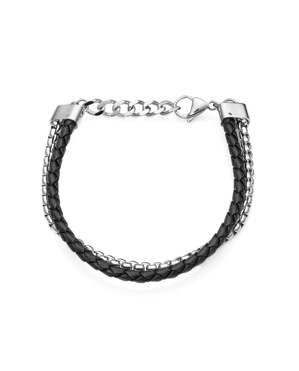 Pulsera Heat de acero con cuero trenzado negro