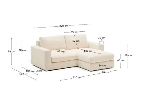 Sofá modular desenfundable Alea 3 plazas chenilla chaise longue derecho crudo 220 cm