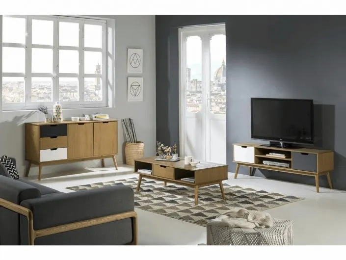 Mueble tv con 2 puertas color cera-blanco-gris