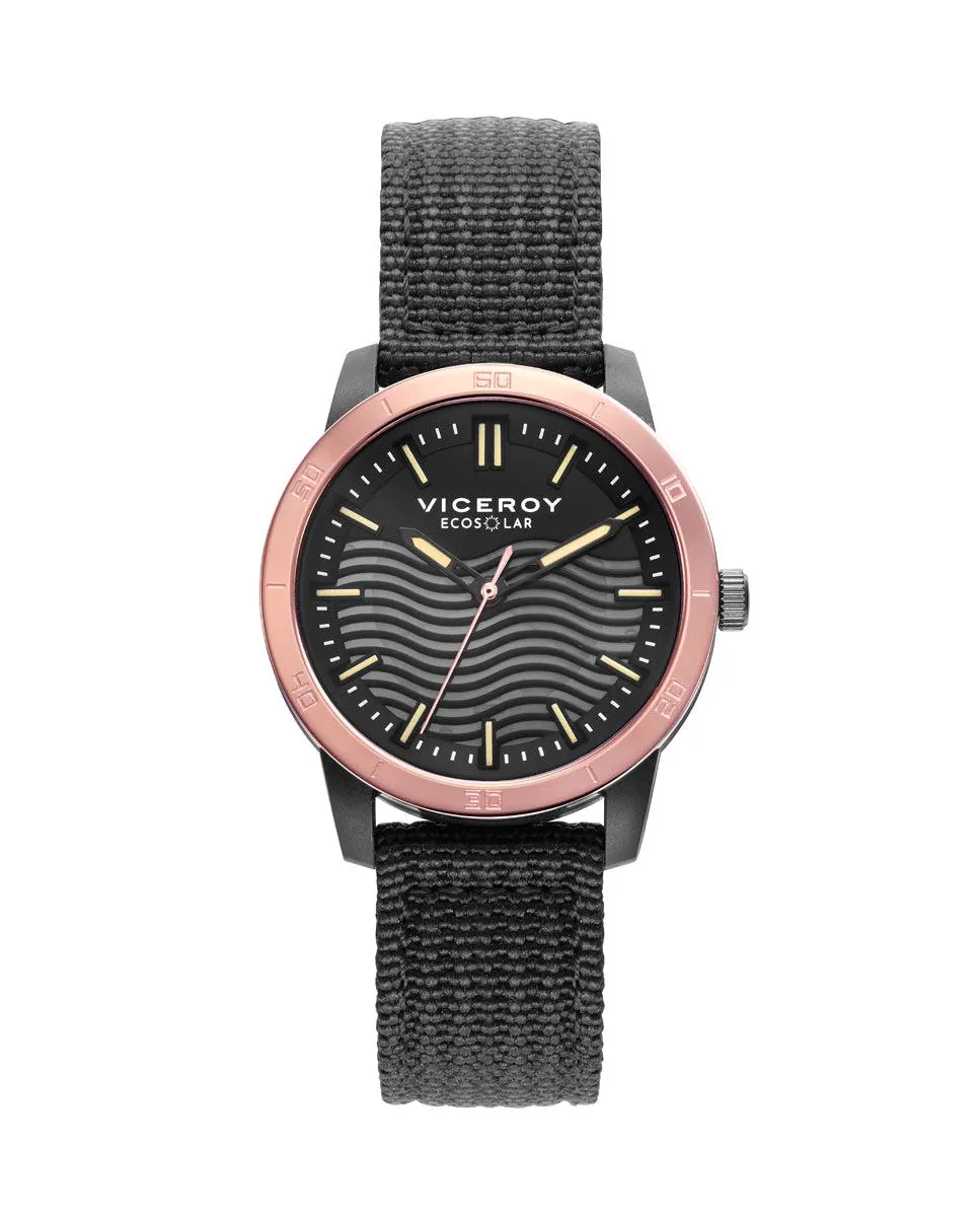 Reloj de mujer Ecosolar con caja de plástico reciclado y correa negra de nylon