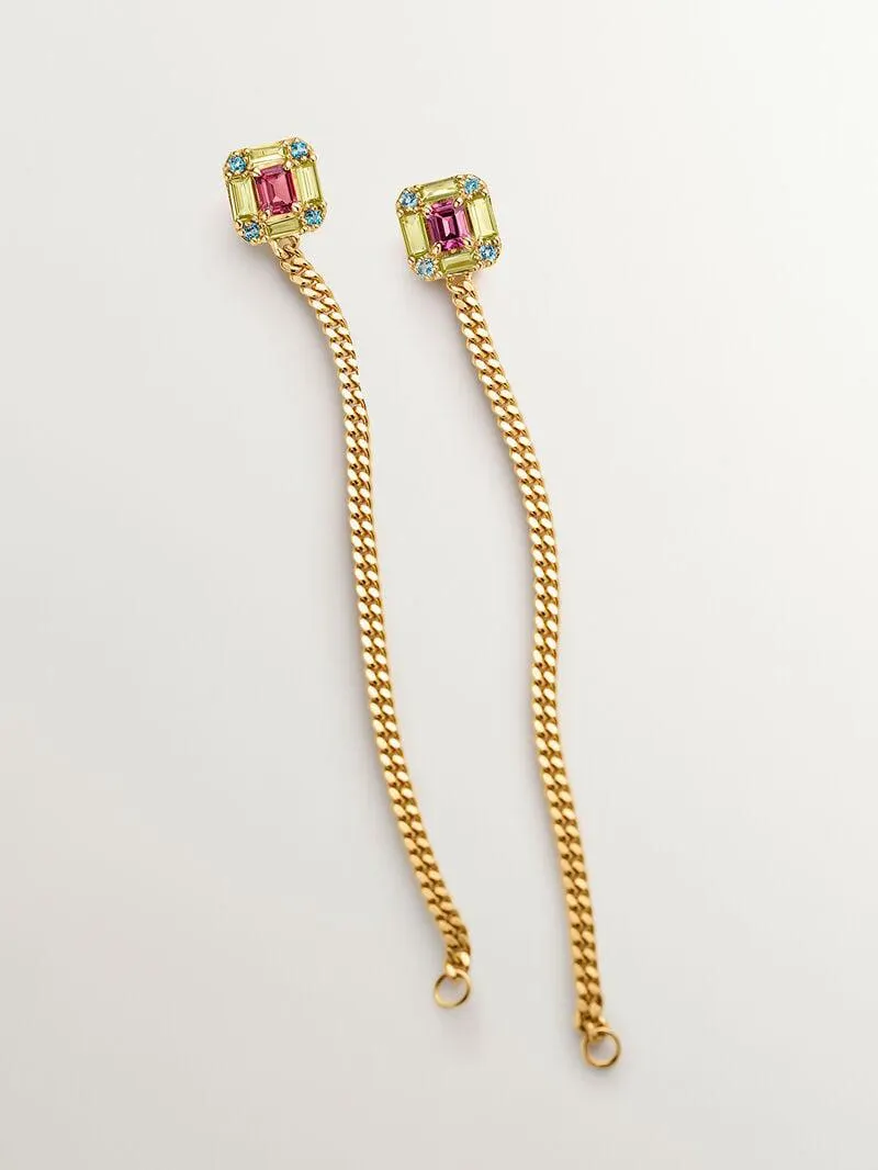 Pendientes largos cadena de plata 925 bañada en oro amarillo de 18K con peridotos, topacios y rodolitas