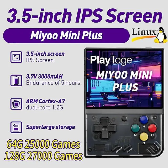Consola de juegos portátil miyoo mini plus, pantalla ips de 3,5 pulgadas, 640x480, compatible con tarjeta tf externa con 10000 juegos, batería de 3000mah