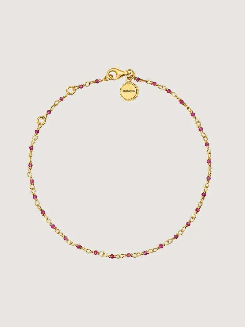 Pulsera tobillera de plata 925 bañada en oro amarillo de 18K con rubíes rosas