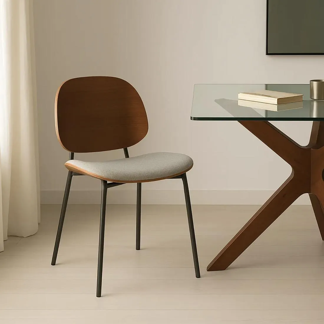 Silla chapa de nogal tapizado gris