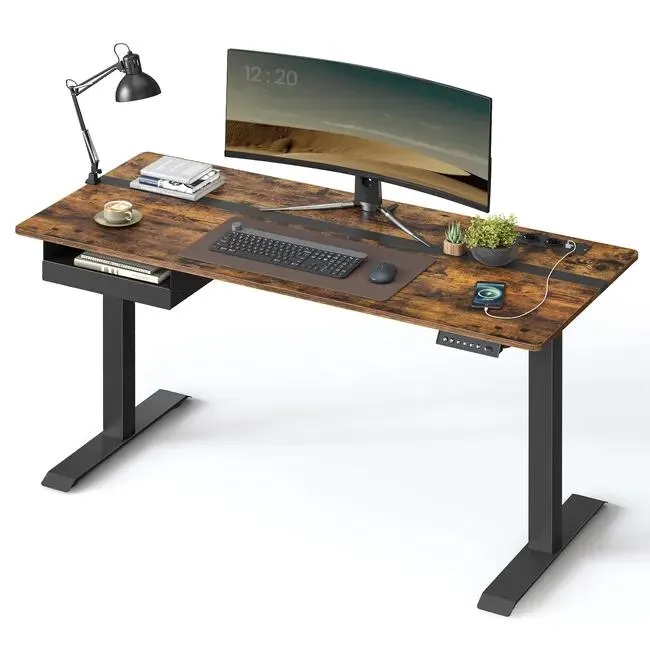 Escritorio eléctrico ajustable en altura, mesa de pie 60x140 cm, ajuste continuo, 4 memorias de altura, marrón rústico