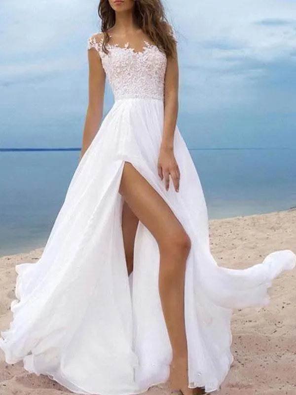 Boho Vestidos de novia 2023 Chifón Escote en V Manga corta línea A Split Frente Vestidos de novia para boda en la playa