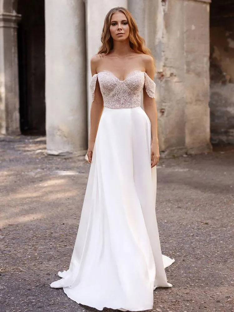 Blanco Simple Causal Vestido de novia Tela de satén Sin tirantes Sin mangas Corte A-Line Fuera del hombro Vestidos de novia largos