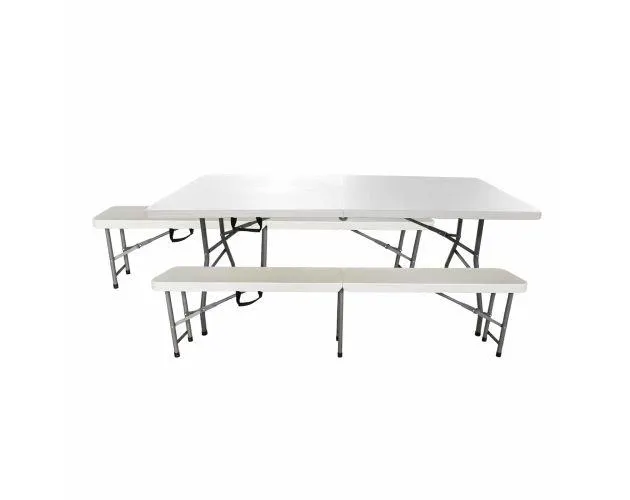 Conjunto mesa + 2 bancos plegables y portátiles gardiun new koln 180x74x74