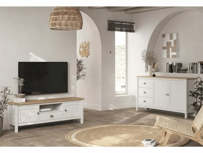 Mueble Tv con puertas, cajón y hueco color blanco-roble