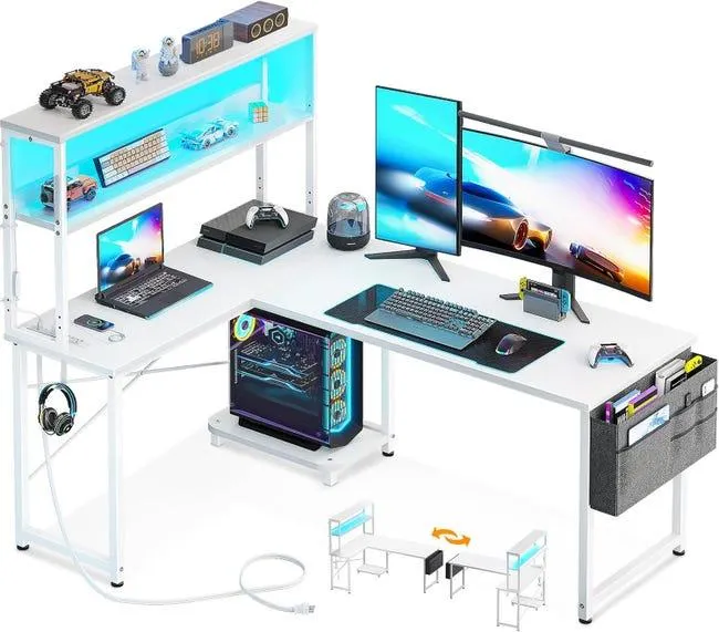 Escritorio Gaming en L con LED & Toma de Corriente, Mesa Reversible 53" con Estante, Bolsa de Almacenamiento & Gancho para Oficina en Casa blanco