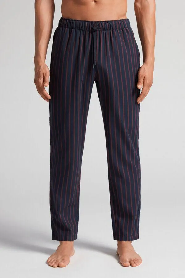 Μακρύ Παντελόνι από Βαμβακερό Ύφασμα με Καφέ Ρίγες