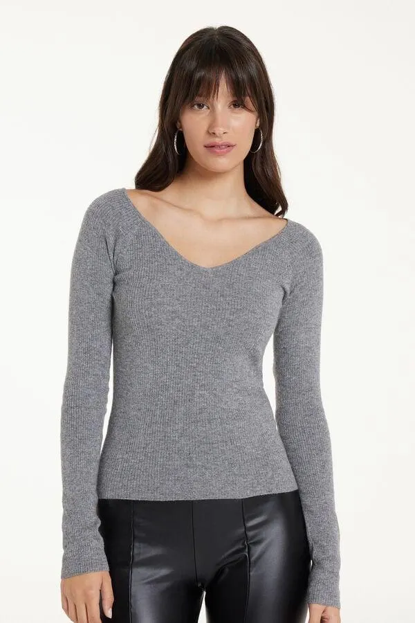 Maglia Pesante Manica Lunga Scollo a V Costine con Lana