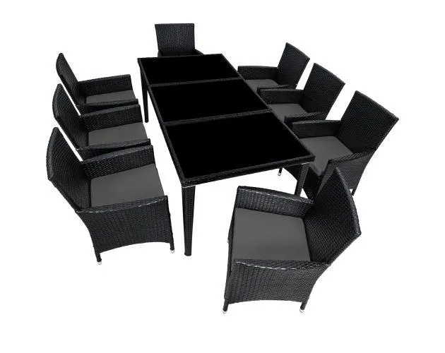 Set de ratán para 8 personas, sillas, cojines, mesa y fundas, negro