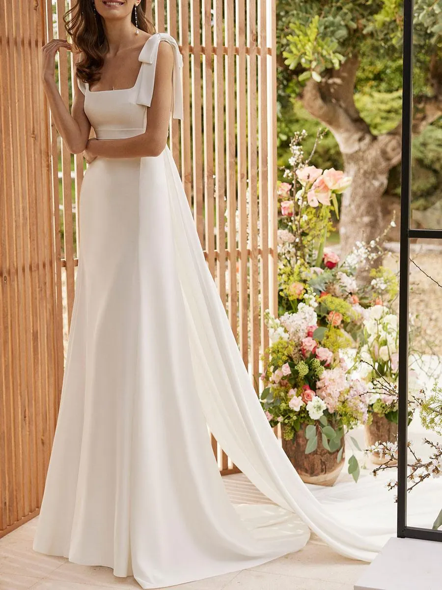 Vestido de novia simple gasa cuello cuadrado sin mangas vaina vestidos de novia personalización gratuita
