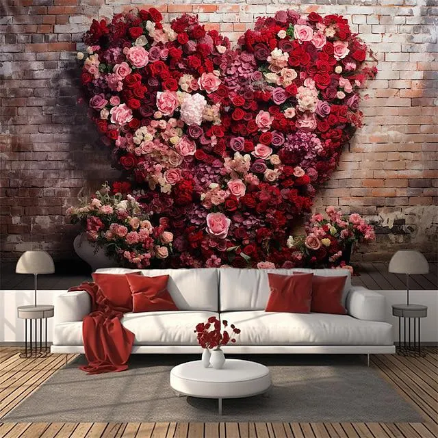 Tapiz colgante de corazón con rosas para el día de San Valentín, arte de pared, tapiz grande, decoración mural, fotografía, telón de fondo, manta, cortina, hogar, dormitorio, sala de estar