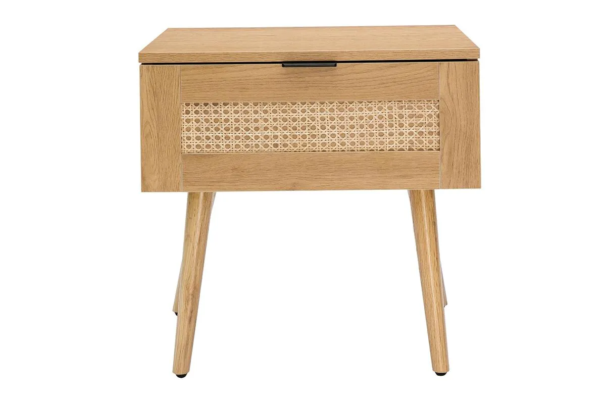 Mesilla de noche de madera clara, mimbre y metal negro MANILLE