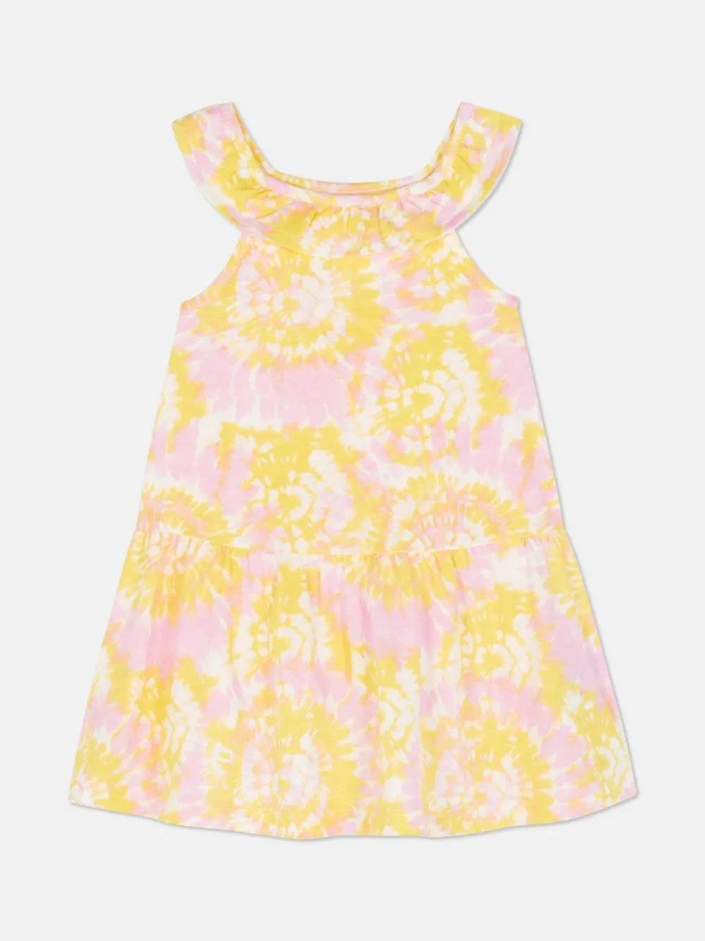 Vestido de punto sin mangas con volantes y estampado tie-dye