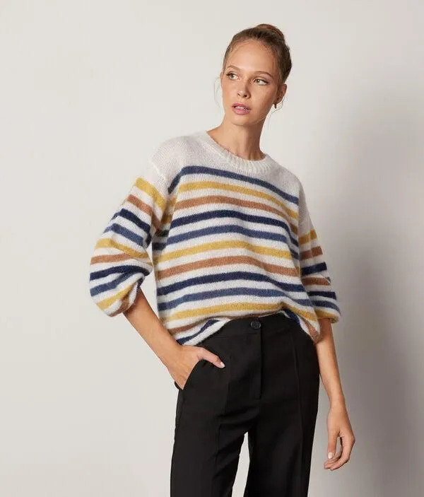 Jersey con cuello redondo de mohair a rayas