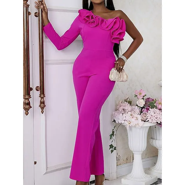 mujer mono volante cintura alta color liso un hombro elegante navidad boda fiesta navidad regular fit manga larga fucsia s m l otoño