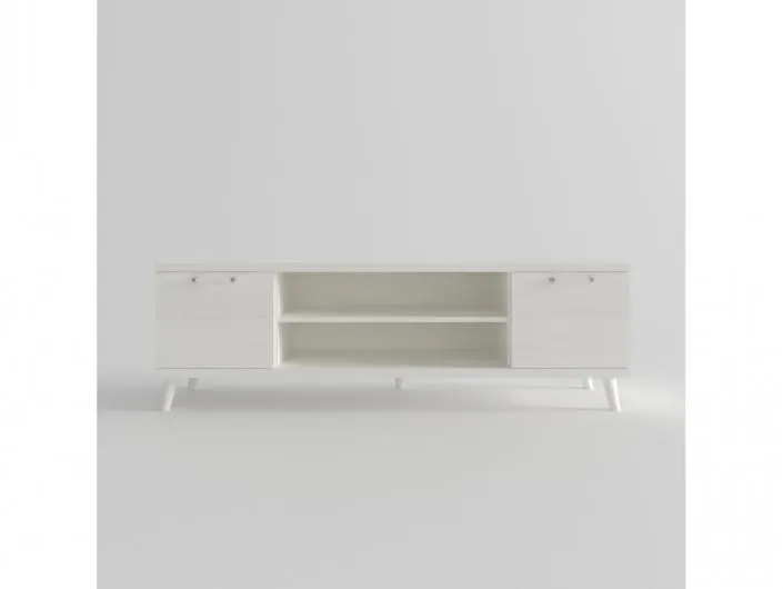 Mesa tv. 2 puertas y huecos con patas redondas color polar de 160 cm.