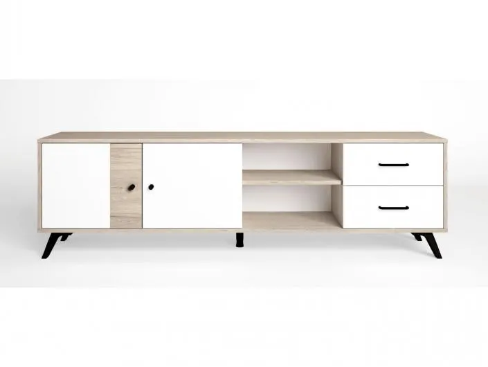 Mueble tv con puertas, cajones y huecos color sahara-blanco mate