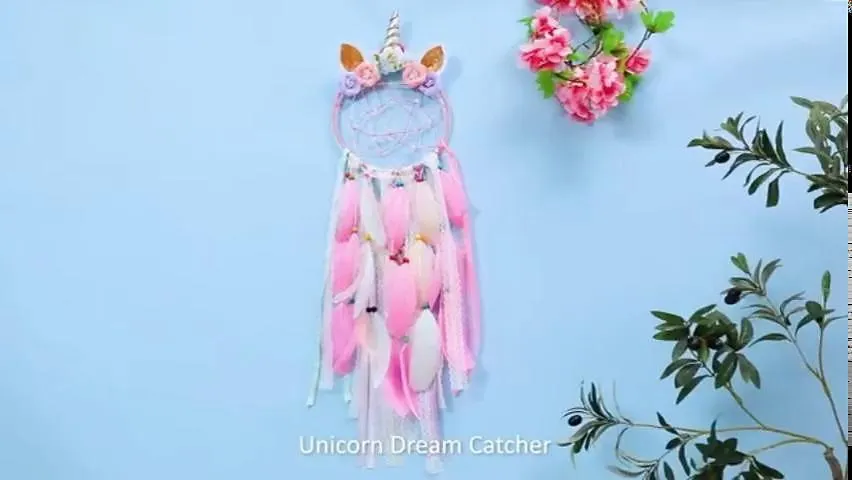 Atrapasueños de unicornio con luz LED de colores para decoración de pared de dormitorio de niñas y niños, adorno colgante, regalo de festival (rosa)
