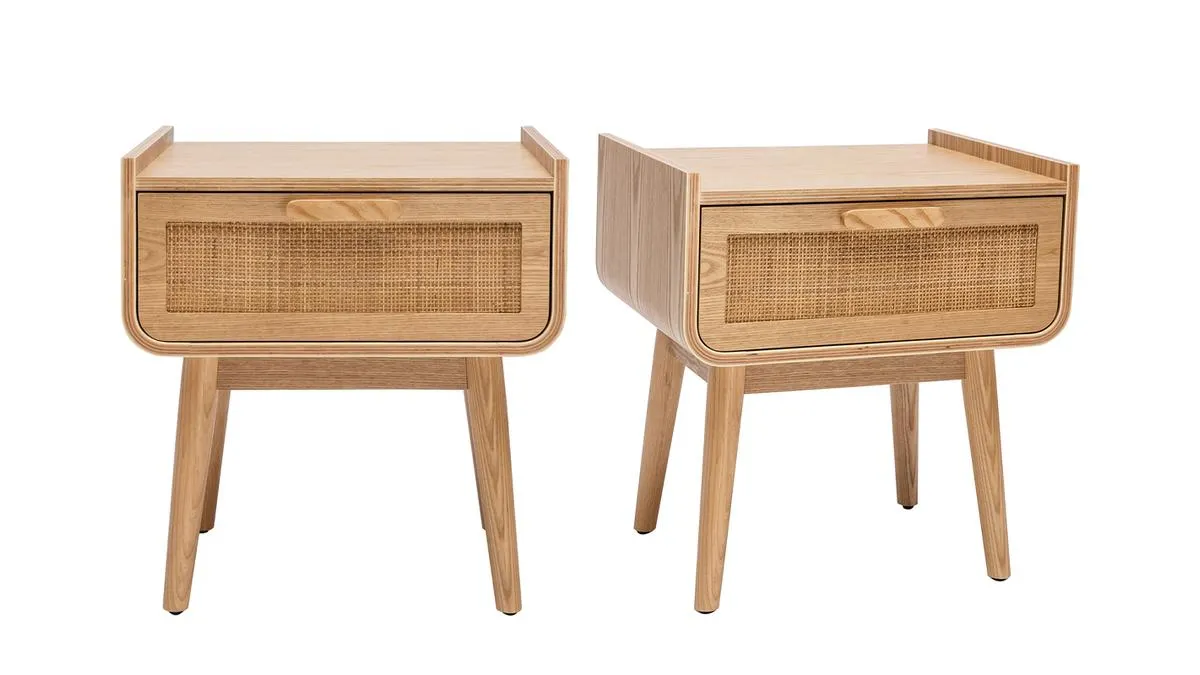 Set de 2 mesillas de noche con cajón de madera maciza clara y caña de ratán 50 cm ATHÈNE
