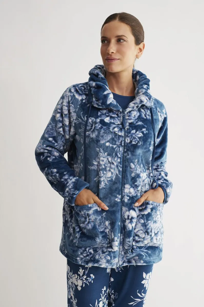 PIJAMA 3 PIEZAS PANTALÓN LARGO PUÑO CON CAMISETA MANGA LARGA MODAL Y BATA TEJIDO SEDALINA CON CREMALLERA