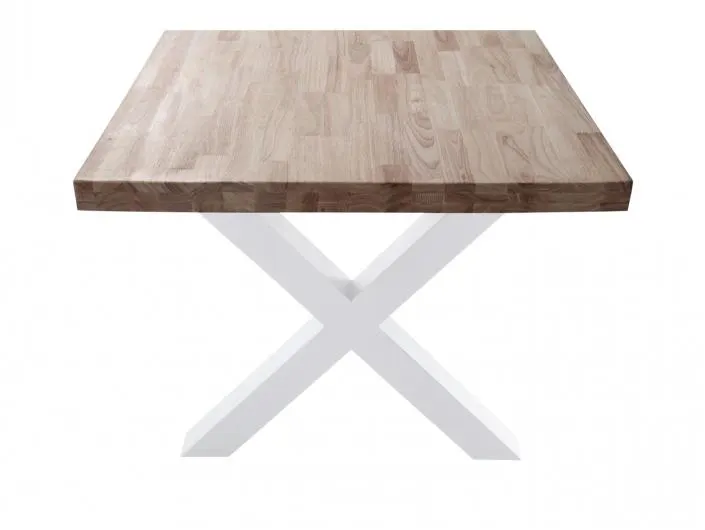 Mesa de comedor fija con tapa de madera de roble american y patas metálicas blancas