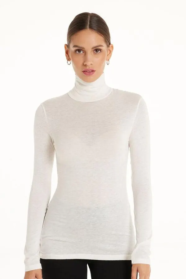 Camiseta con Cuello Alto de Viscosa y Lana Merino