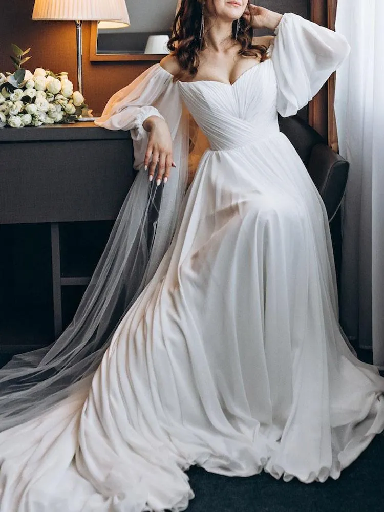 Vestido de novia causal simple blanco con tren A-Line Bateau cuello manga larga sin espalda cremallera gasa vestidos de novia personalización gratuita