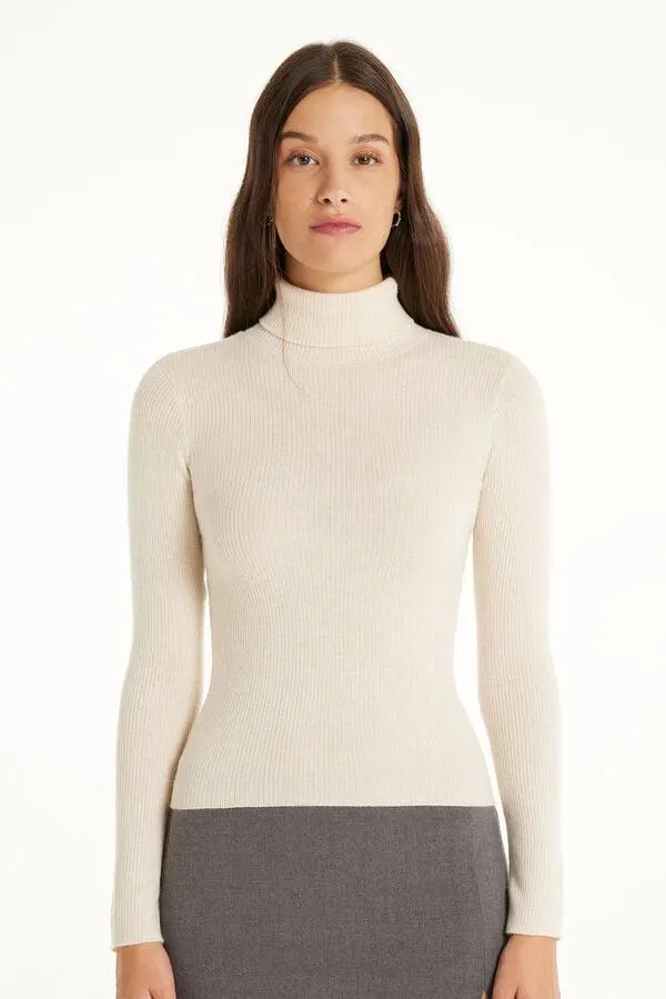 Maglia Pesante Manica Lunga Collo Alto Costine con Lana