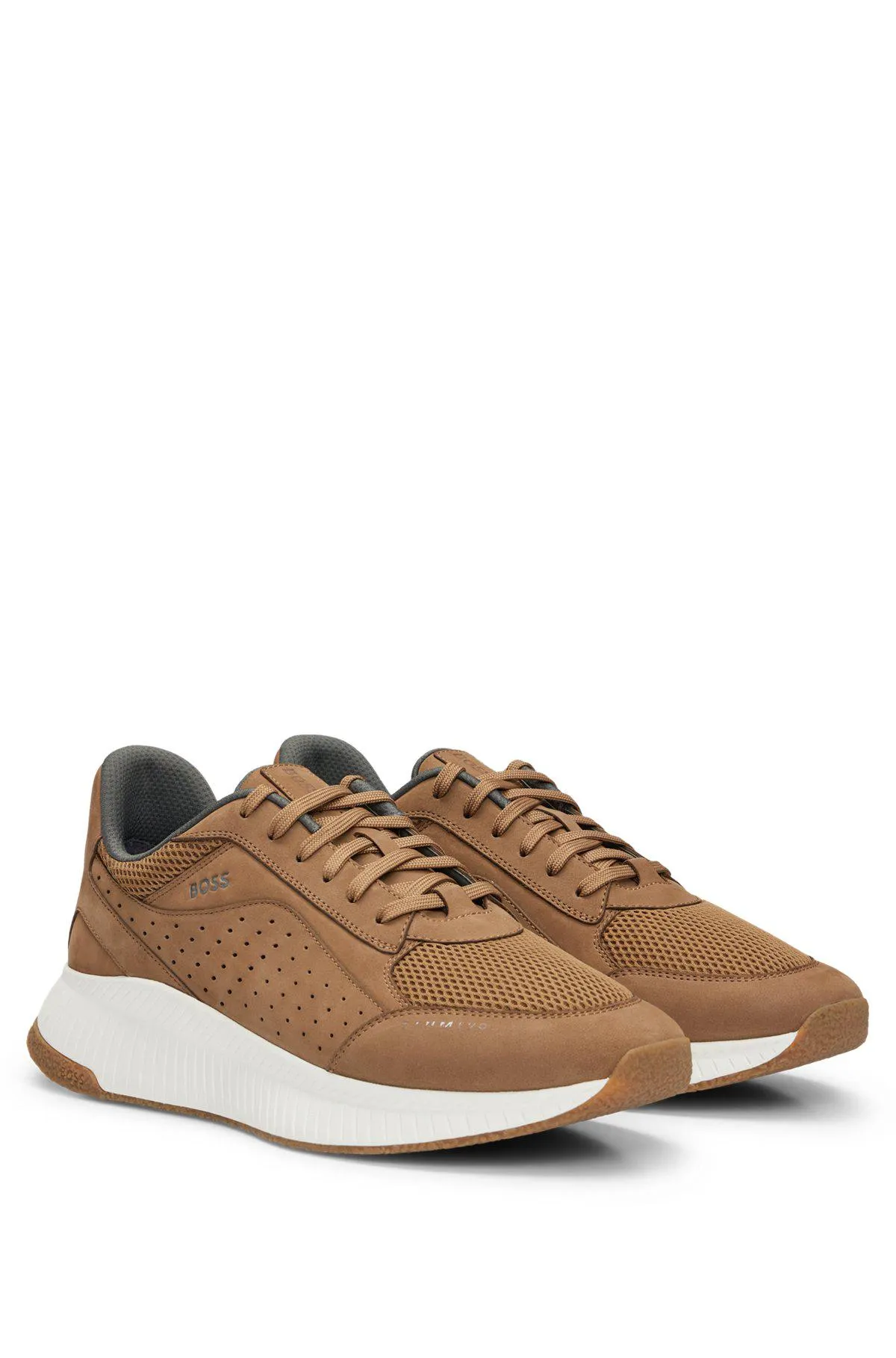 Leather lace-up trainers with mesh trims