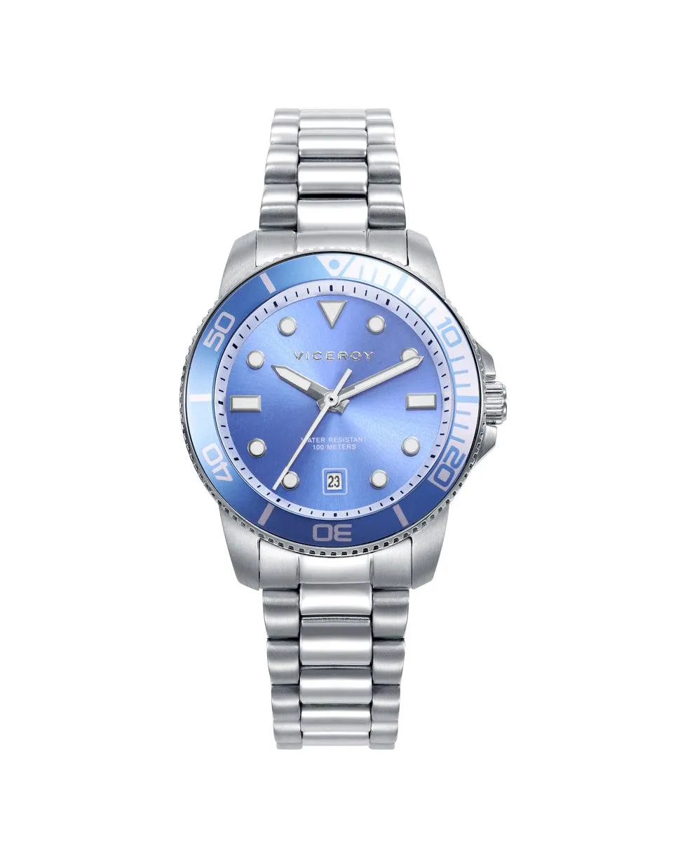 Reloj caja de acero con bisel de aluminio en color azul, 10 atm, brazalete de acero, movimiento cuarzo