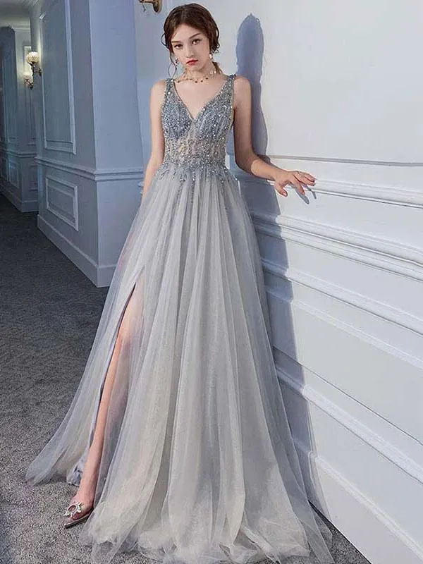Vestido de noche Corte A Escote en V Tul Hasta el suelo Parte delantera abierta Vestidos de fiesta formales