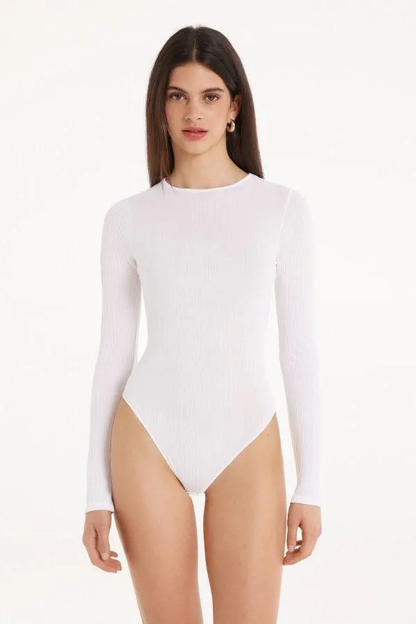 Body de Manga Larga con Cuello Redondo de Viscosa Ultraligera de Canalé