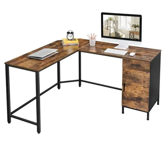 Escritorio de esquina en forma de l con almacenamiento, diseño ahorrador de espacio, montaje fácil, estilo industrial, marrón rústico y negro