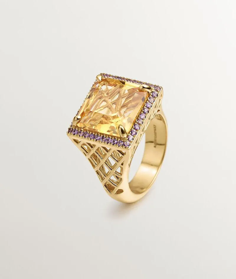 Anillo de plata 925 bañada en oro amarillo de 18K con granate naranja y amatistas moradas