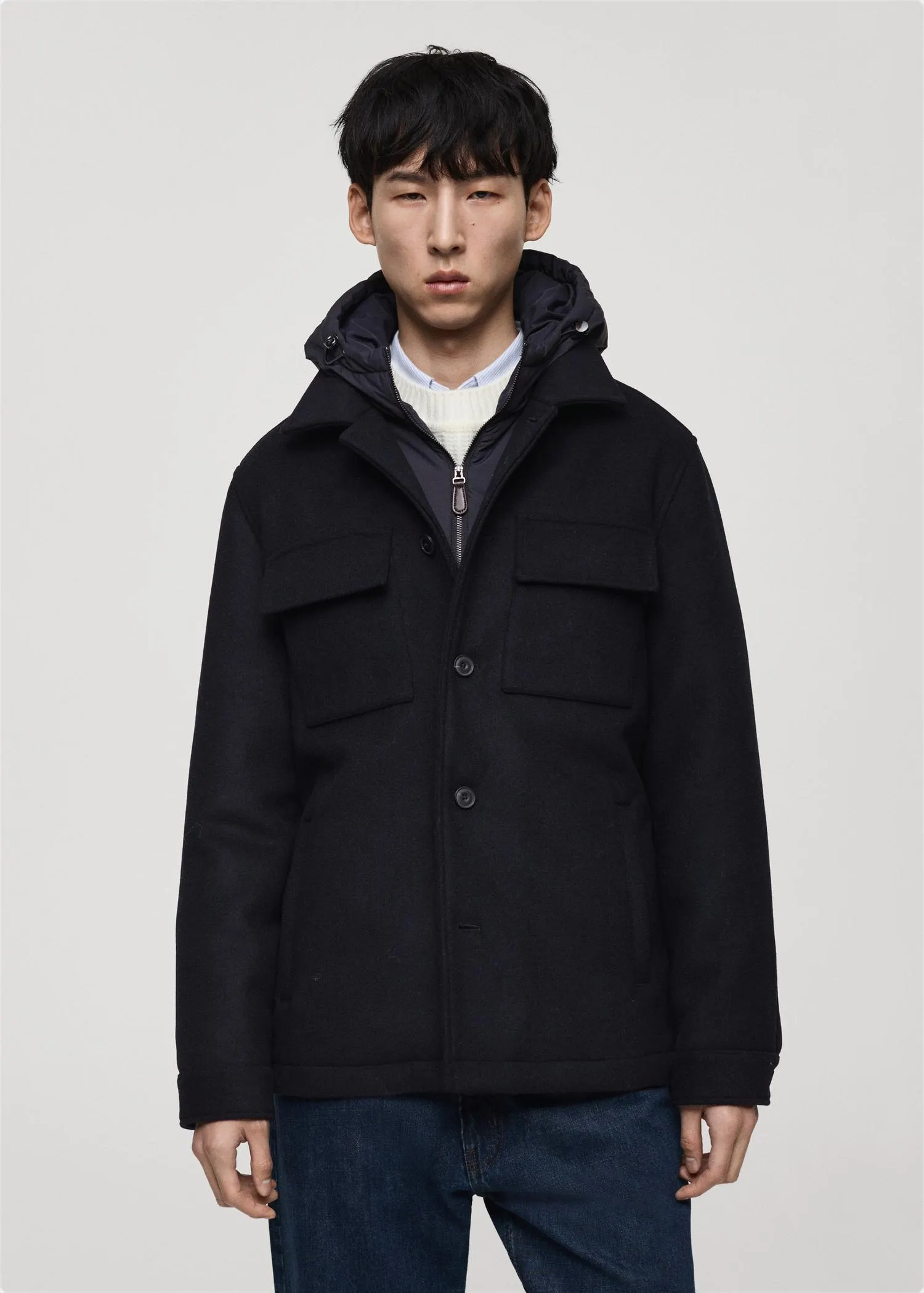 Abrigo mezcla lana capucha desmontable