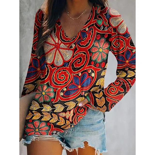 Mujer Camiseta Negro Rojo Verde Trébol Graphic Estampado Manga Corta Diario Fin de semana Básico Escote en Pico Ajuste regular Pintura