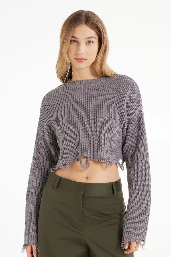 Camiseta Corta de Manga Larga de Canalé con Remates Rasgados