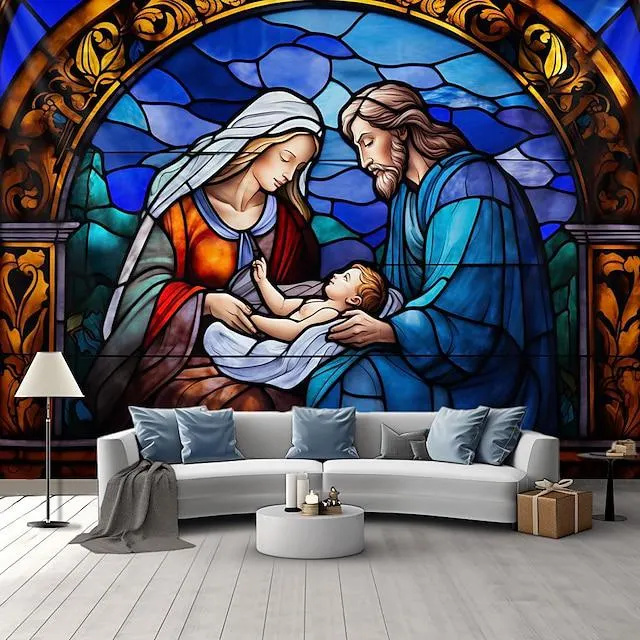 Natividad de Navidad colgante tapiz vidrieras arte de la pared Navidad gran tapiz mural decoración fotografía telón de fondo manta cortina hogar dormitorio sala de estar decoración