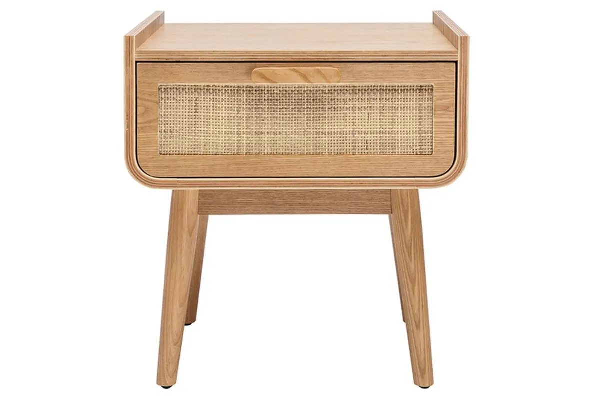 Mesilla de noche de madera maciza clara y ratán con cajón ATHÈNE