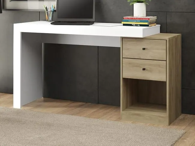 Escritorio extensible - 2 cajones y 1 estante - Blanco y natural - EVAN