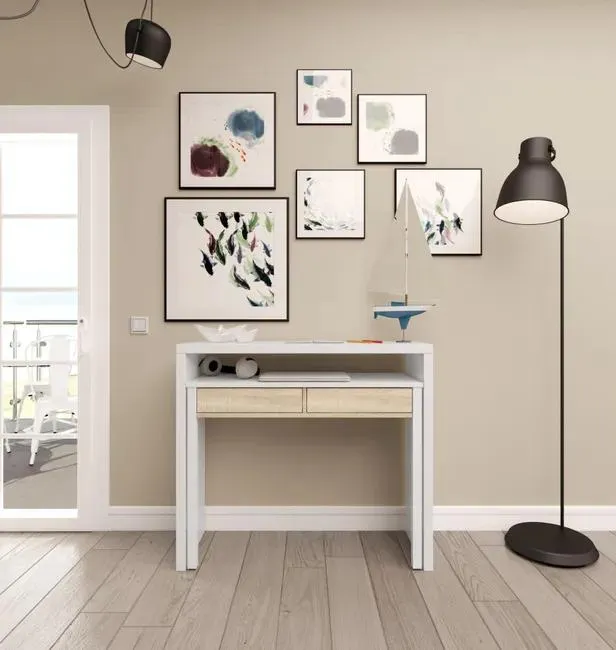 Mesa escritorio Consola blanco y roble 87,5x98,5x36 cm