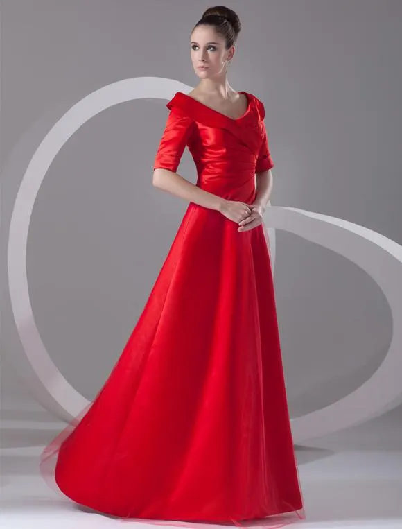 Vestido de noche de satén con 1/2 manga y cuello en V