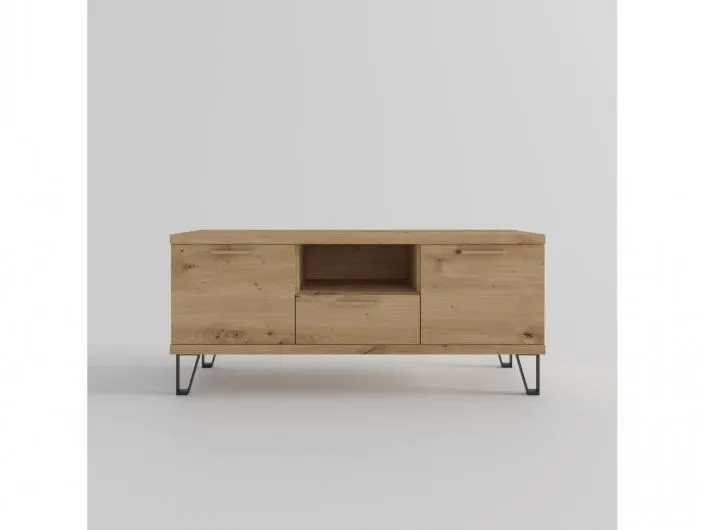 Mesa tv. 2 puertas,hueco y 1 cajón con patas diáfanas color artisan-negro de 120 cm.